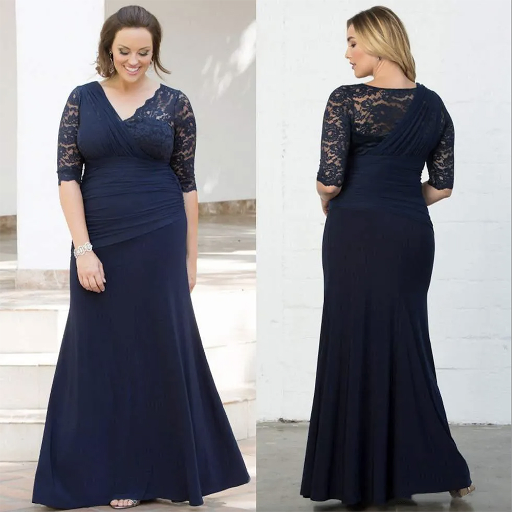 2024 Elegant Navy Blue Plus Size Lace Evening Dresses With Half Sleeves V-Neck Evening Gowns Mermaid Floor Length Chiffon Formal Dress