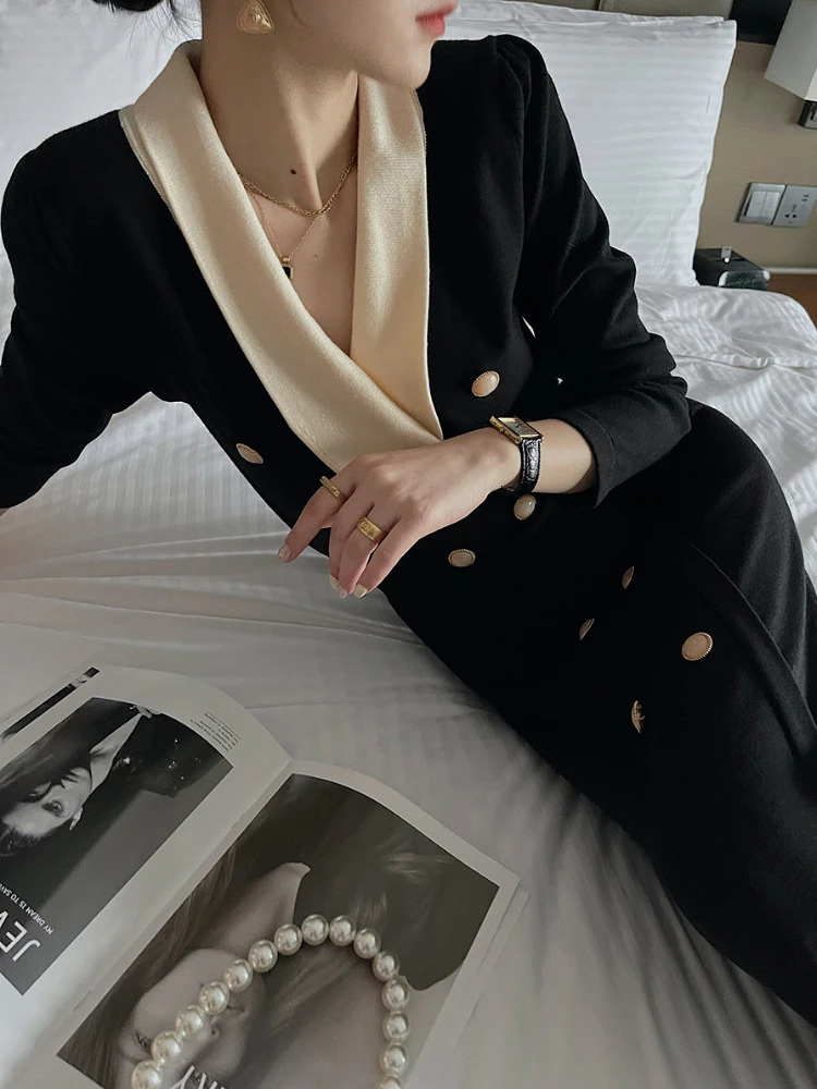 Vintage Korean Chic Streetwear Knitting Midi Long Dress Elegant Sleeve Vneck Casual Japanese Traf Dresse Y2K Autumn 240115