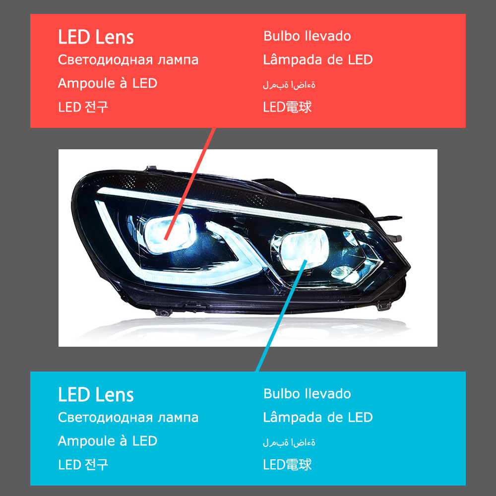 LED Daytime Running Head Light for VW Golf 6 MK6 Headlight 2009-2013 R20 Turn Signal Dual Beam Lamp Lens