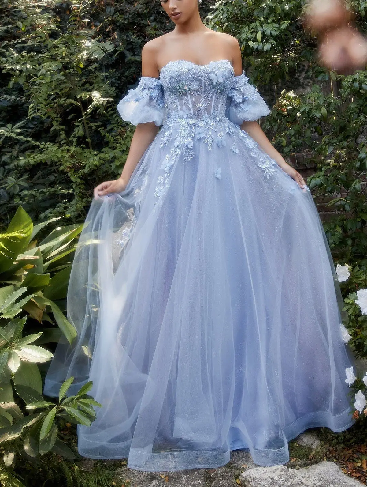 3D Floral Appliques Light Pink Long Prom Dresses A Line Off The Shoulder Tulle Special Occasion Gowns Detachable Short Sleeves Corset Open Back Sexy E
