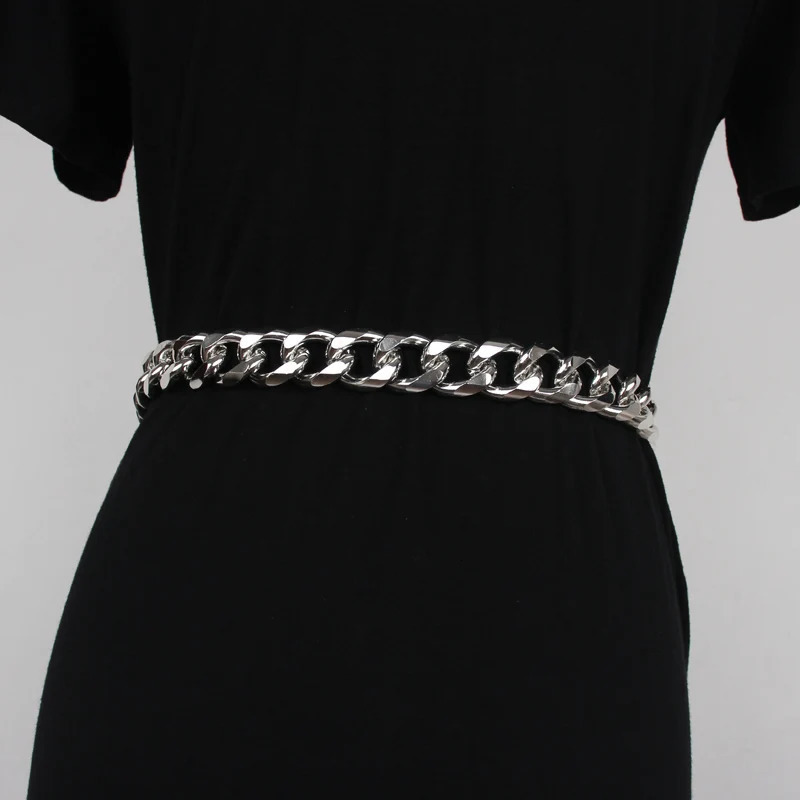 Silver Gold Metal Alloy Waist Belt Long Wide Waist Chain Punk Street Jean Belt Hip Hop Gothic Buckle PIn Adjustable Belt Cinch240115