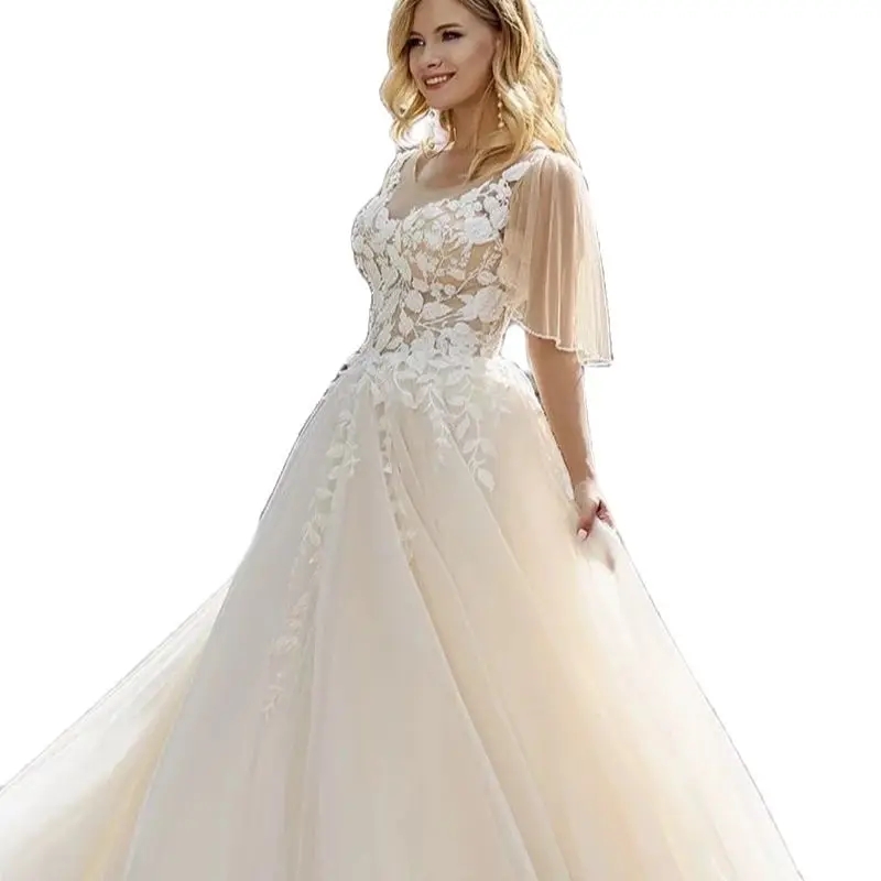 Beach Wedding Dresses Sheer Jewel Neck Short Sleeve A Line Bridal Dresses Boho Lace Appiques Wedding vestido de noiva