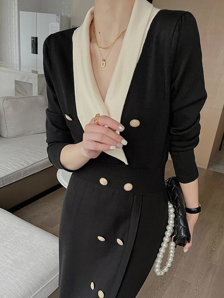 Vintage Korean Chic Streetwear Knitting Midi Long Dress Elegant Sleeve Vneck Casual Japanese Traf Dresse Y2K Autumn 240115