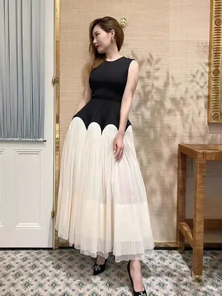 Elegant Mesh Patchwork Dress For Color Block Vintage Sleeveless O-Neck A E Women Summer In Evening Prom Vestidos 240115