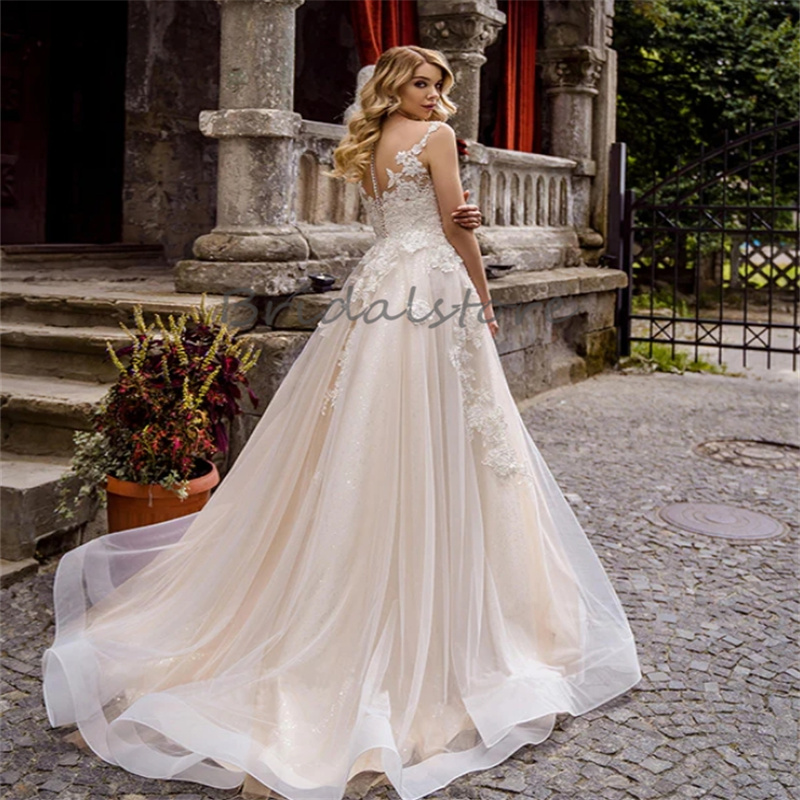 Elegant Champagne Bohemian Wedding Dress With Lace Sheer Neck A Line Tulle Appliques Fairy Boho Bride Dress 2024 Country Garde Gatsby Robe De Mariee V