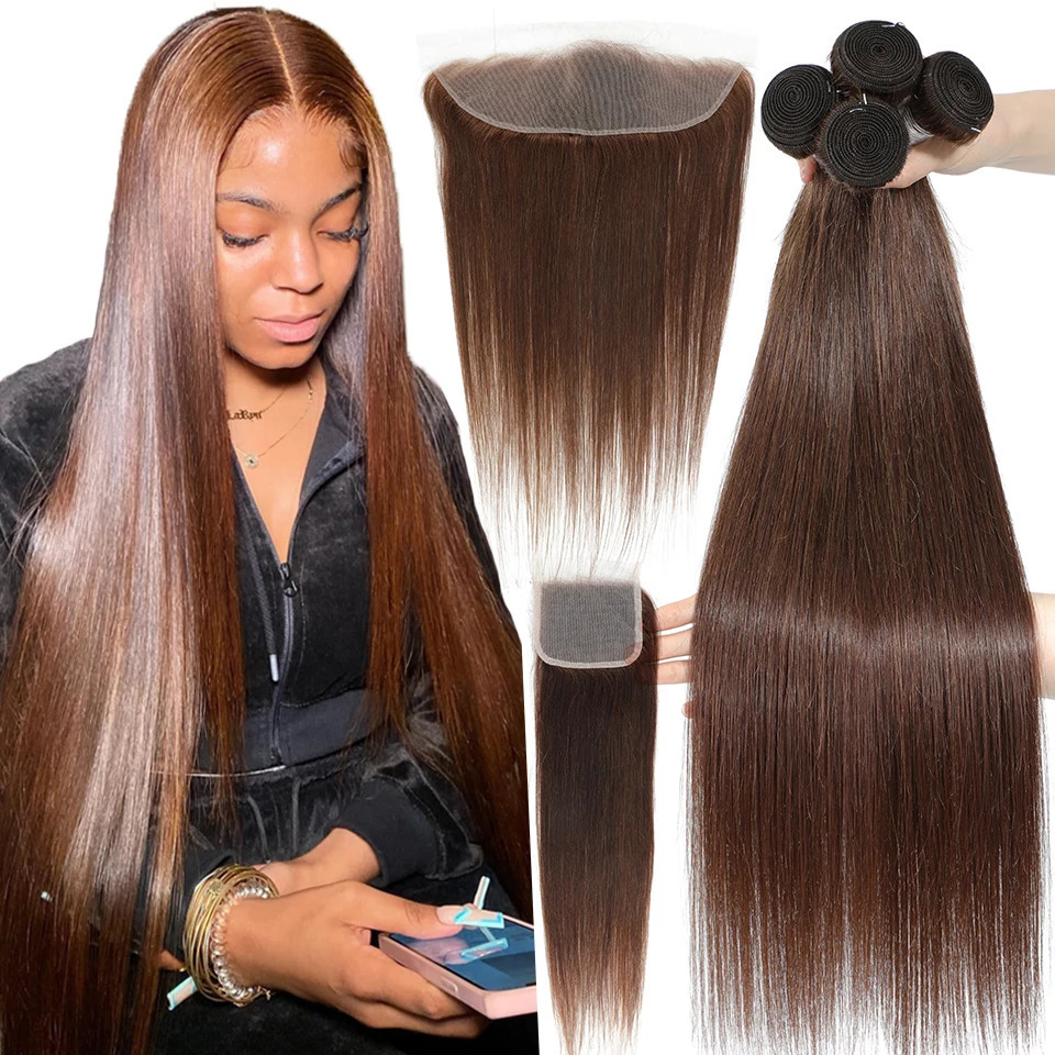 12A 10-32 #4 Chocolate Brown Straight Human Hair Bundles with Closure Frontal Raw Brazilian Hair Weave Bundles with Closure 240115