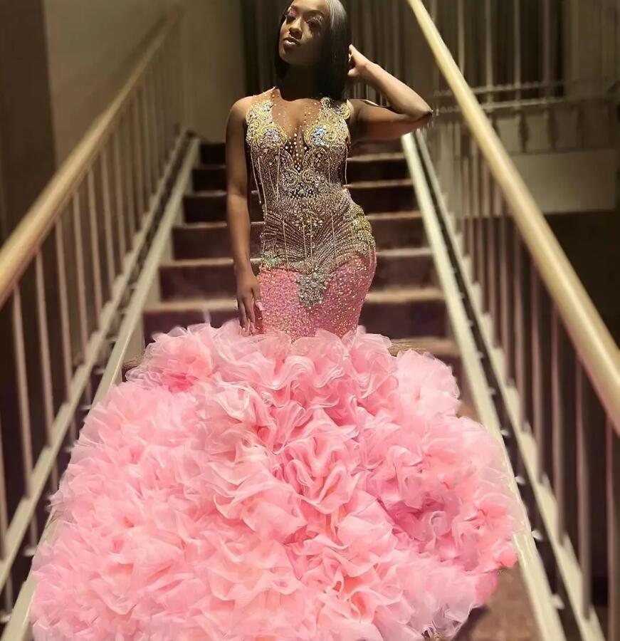 Pink Mermaid Prom Dresses Beaded Crystals Aso Ebi Evening Formal Party Second Reception Birthday Engagement Gowns black girl