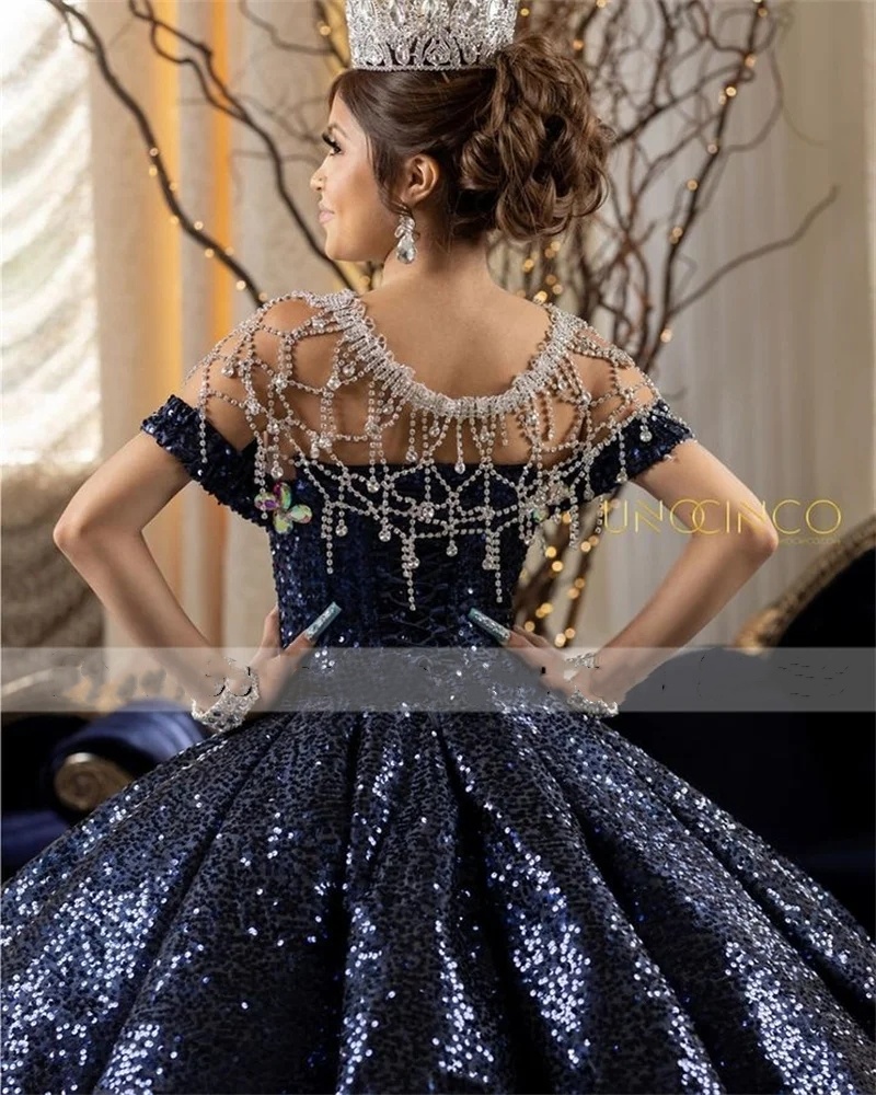 Sparkly Black Sequined Ball Gown Quinceanera Dresses 2024 Off Shoulder Lace Up Sweet 16 Dress Vestidos De 15 Anos 0431