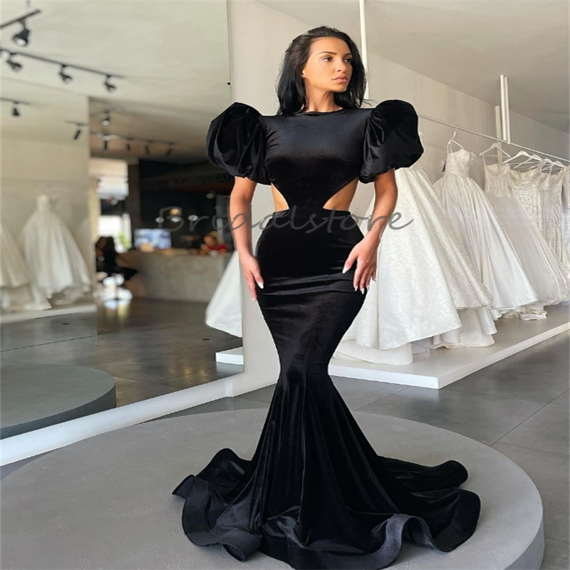 Vintage Black Velvet Prom Dress 2024 Sexy Mermaid Long Evening Dress Short Sleeves Backless Formal Dance Dress Elegant Cut Side Women Party Gowns Vest