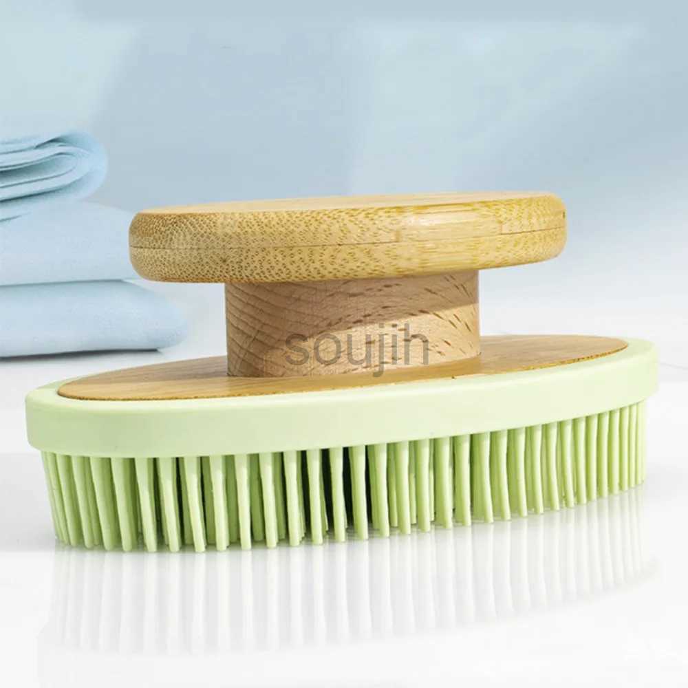 Bath Tools Accessories Soft Silicone Bath Brush Wooden Handle Exfoliating Brush Rub Back Brush Body Massage Cleansing Scrubber Brush Shower Bath Tools
