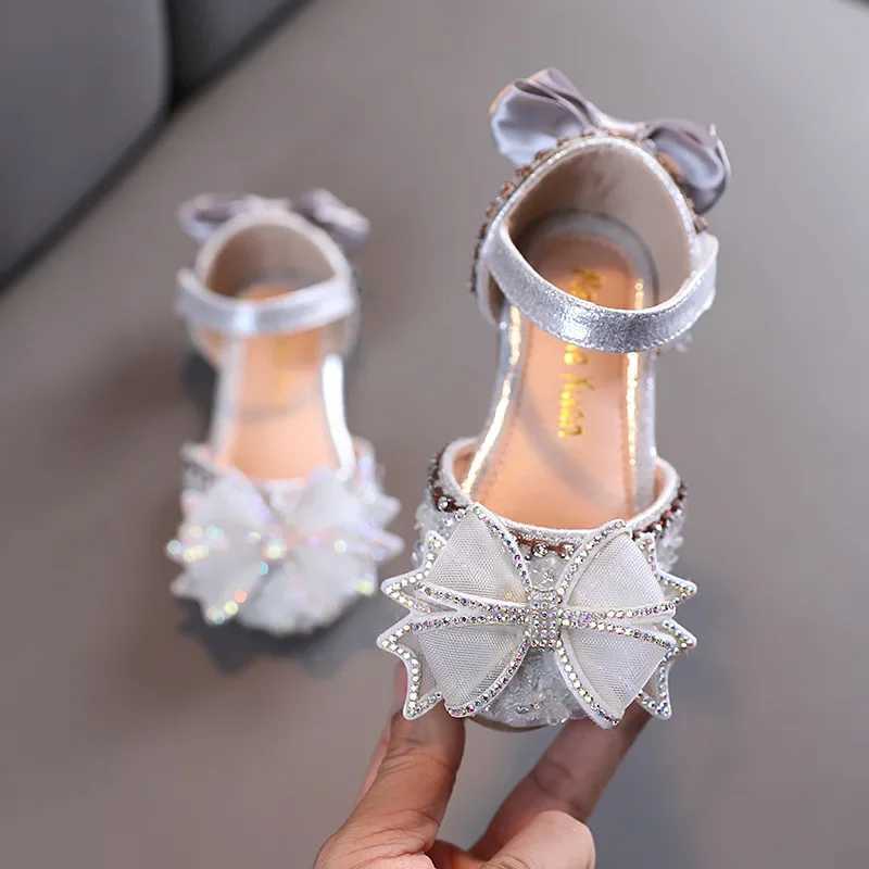 Sandals Summer Girls' Bow Knot Round Head Anti slip Rhinestone Princess Shoes Children's Ankle Protection Soft Sole Casual Leather Shoes