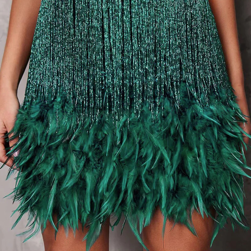Vssjavun Sequins Tassel Feather Spaghetti Strap Dress Women Fashion Sexy Stitching Mini Dress Evening Party Club Elegant Dress 240115
