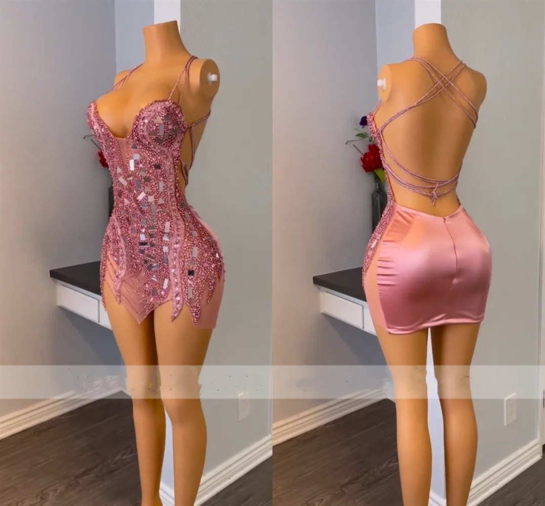 Halter Short Sequins Pink Prom for Black Girls 2024 Sexy Crystals Mini Tail Dresses Birthday Party Gown