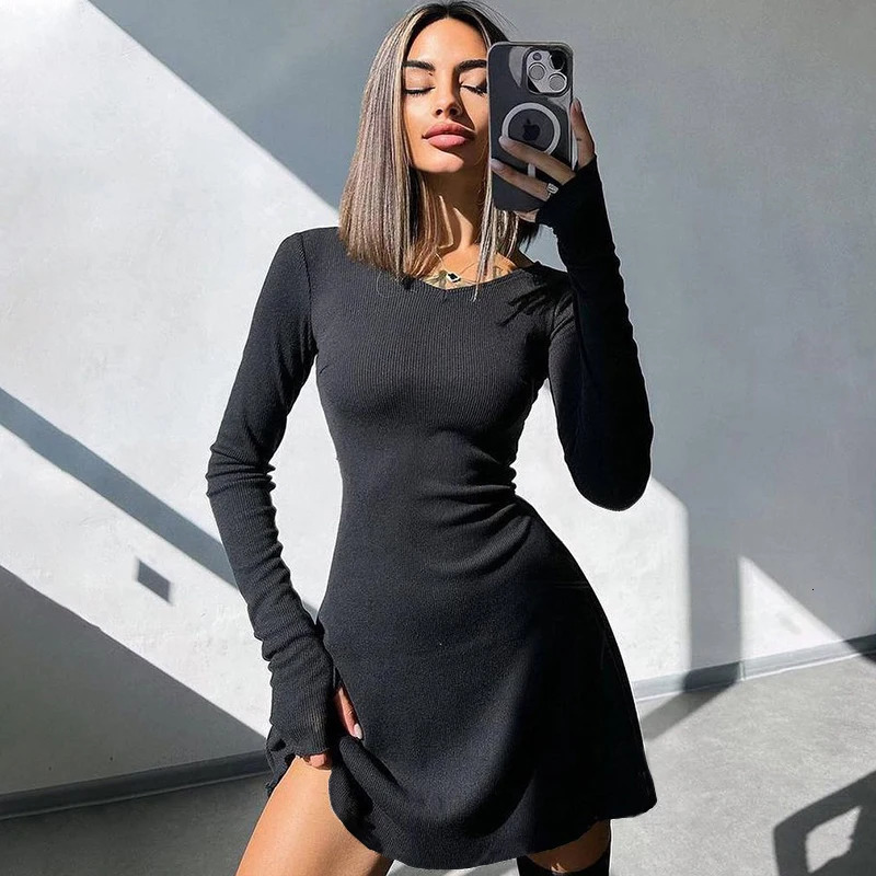 Elegant And Pretty Women Dresses Autumn Winter Black Sexy Short Dress Female V Neck Long Sleeve Slim Solid Color Mini 240115