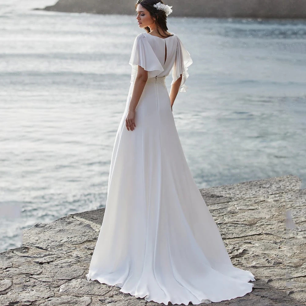 2024 Simple Beach Wedding Dress V-Neck Short Sleeves Lace Appliques Chiffon Sweep Train Boho Bride Gowns Robe De Mariage Vestidos De Novias