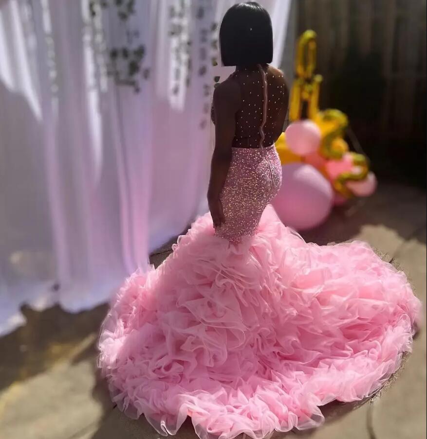 Pink Mermaid Prom Dresses Beaded Crystals Aso Ebi Evening Formal Party Second Reception Birthday Engagement Gowns black girl