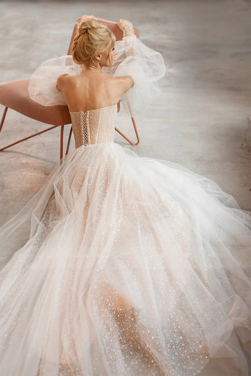 Detachable Puffy Sleeve Wedding Dresses A-Line Glitter Soft Tulle Bridal Gowns Vestido De Noiva Illusion Boho Wedding Gown