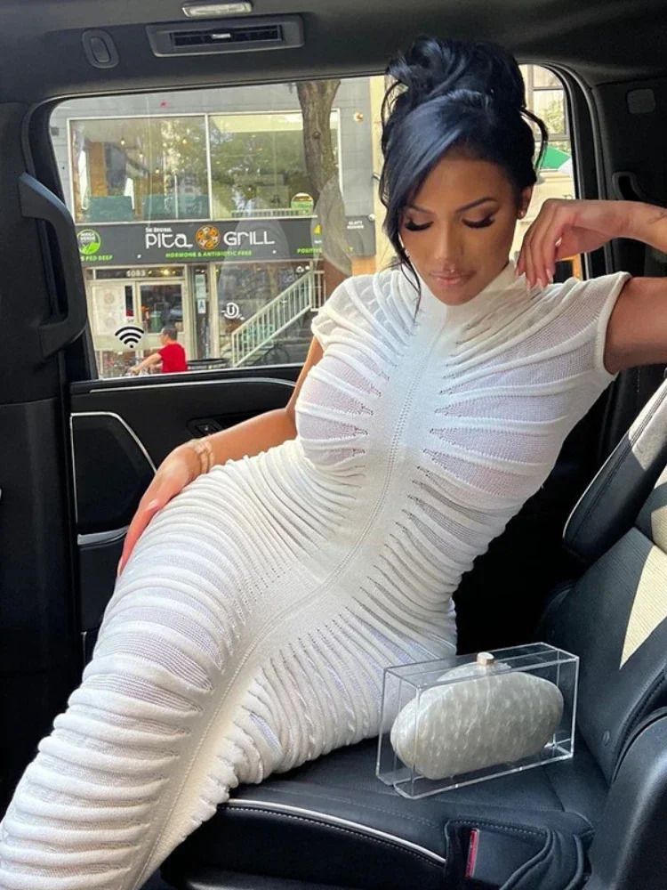 XIZOU Elegant Bodycon Knitted Dress Autumn See Through White Dress Short Sleeve Sexy Party Evening Maxi Dresses for Women 240115