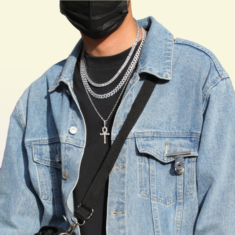 Iced Out Miami Cuban Link Chain Sea Blue Mens Gold Chains Necklace Bracelet Fashion Hip Hop Jewelry 9MM307x