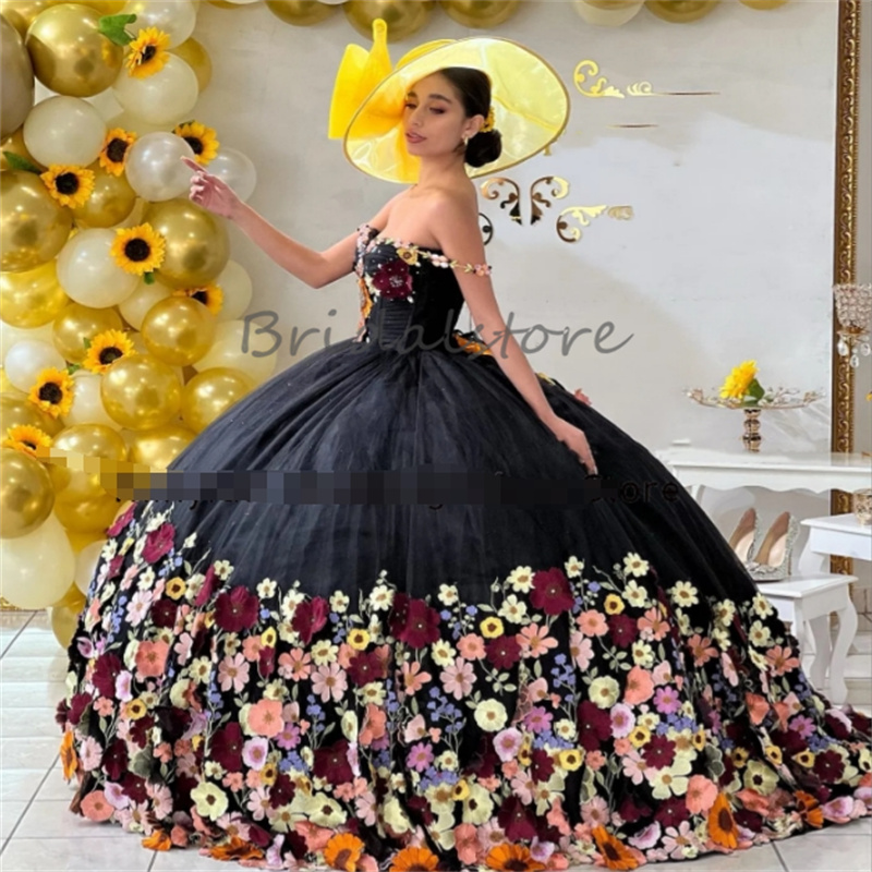 Black Mexican Quinceanera Dresses 2024 Charro Ball Gown 3D Florals Sixteen Sweet 15 Birthday Dress Lace Up Puffy Para Luxury Savistidos Vestidos De Xv
