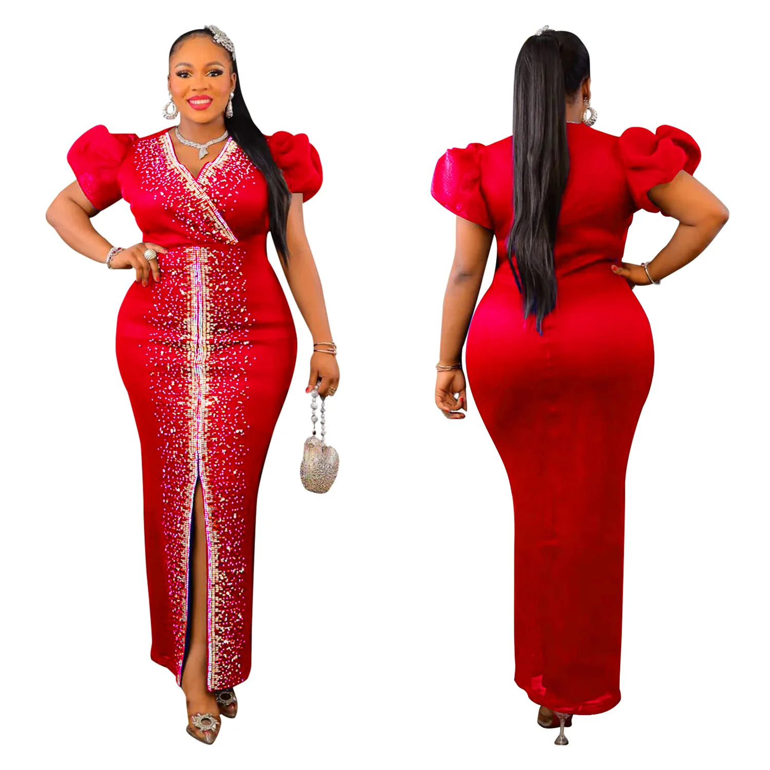 Puff Sleeve Birthday Party Prom Rhinestone Slit Dress Long Elegant Women Night Club Wedding Evening Sexy Bodycon Dresses 240115