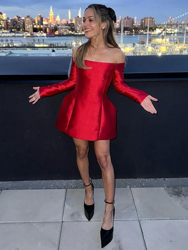 Women Chic Off Shoulder Mini Bubble Dress Sexy Long Sleeve Tunic Slim Fit Skirt Dresses Female Solid Evening Party Vestidos 240115