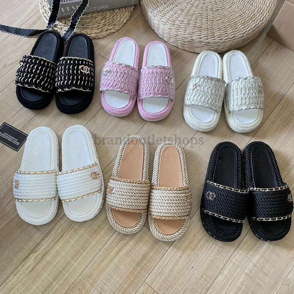 Chan C Embroidered Slippers Mule Tweed Leather Slippers weave braided interlocking C Sandals Women channel Knit Platform Slippers pool Slides Beach Flip Flops