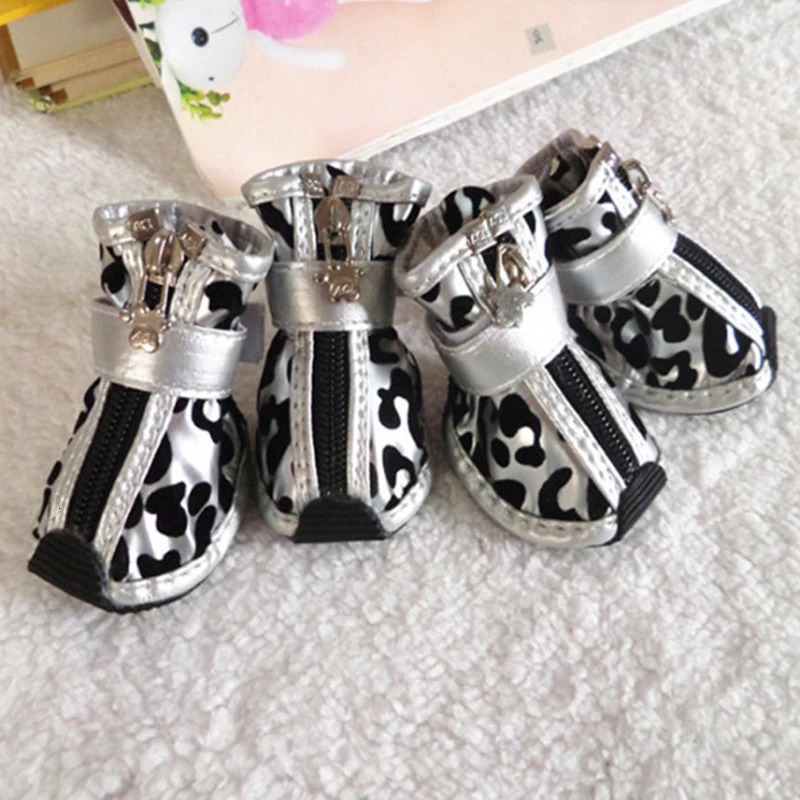 4pcsset Gold Leopard Leather Pet Dog Shoes PU anti-slip Boot for small dogs Teddy dog cat Waterproof shoes Puppy Booties ZL353 240115