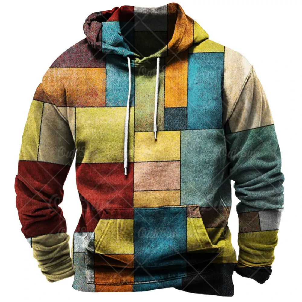 Vintage men's hooded casual shirt 3D plaid printed long sleeved pullover street clothing super big hat hoodie 240115