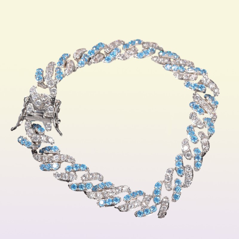 Iced Out Miami Cuban Link Chain Sea Blue Mens Gold Chains Necklace Bracelet Fashion Hip Hop Jewelry 9MM307x
