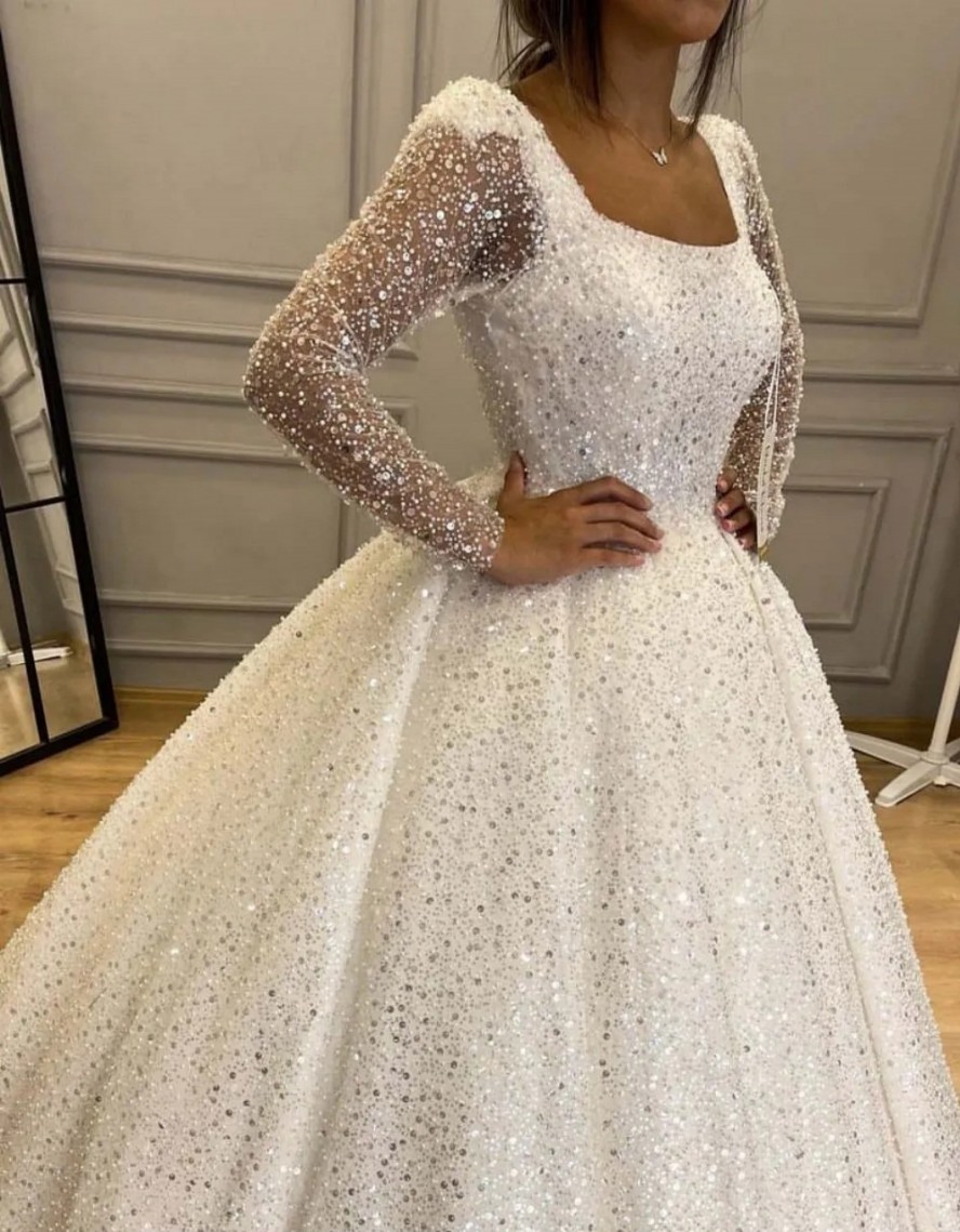 2024 Shiny Sequins Wedding Dress Square Collar Long Sleeves Beads Floor Length Women Bride Gowns Robe De Mariage Vestidos De Novias