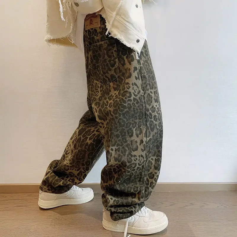 American Baggy Pants Men Y2k Clothes Retro High Street Sports Pants Leopard Print Casual Pants Plus Size Autumn Style 240115