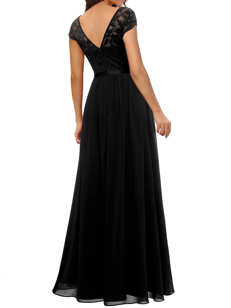 Women Lace Patchwork Maxi Long Evening Dress Solid Color Backless V Neck High Waist Dress Wedding Party Dress 240115
