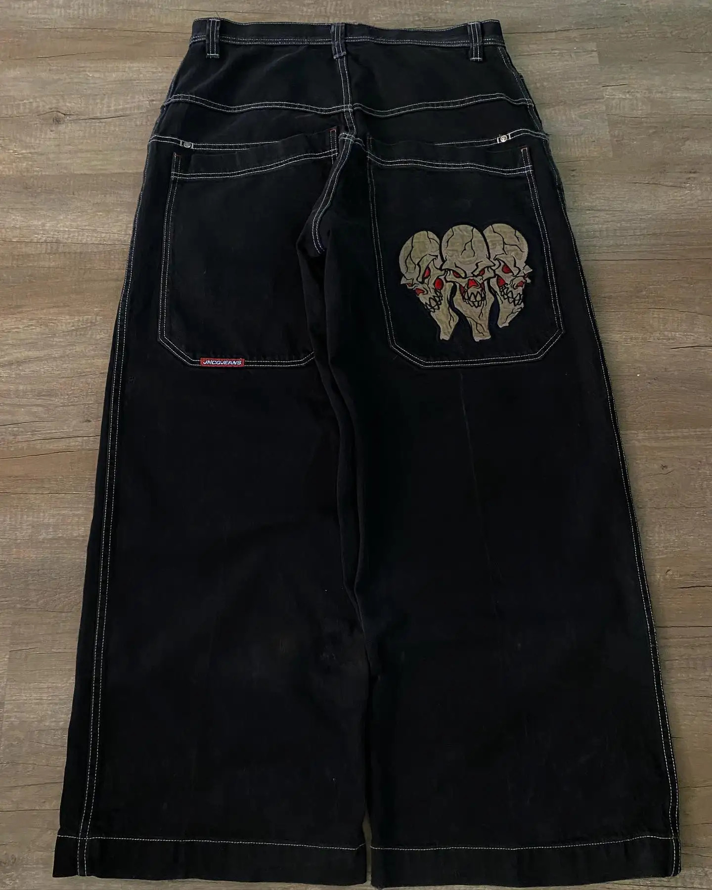 Streetwear JNCO Jeans Y2K Hip Hop Retro Skull Embroidered Baggy Jeans Black Pants Mens Punk Rock High Waist Wide Leg Trousers 240115