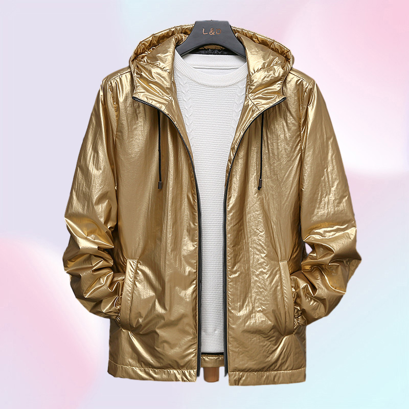 Shiny Silver Metallic Jacket Men Party Dance Night Club Mens Hip Hop Coats Slim Hooded Streetwear Jaqueta Masculina3988480