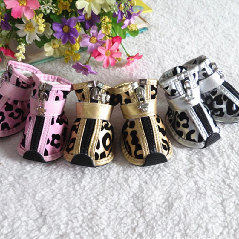4pcsset Gold Leopard Leather Pet Dog Shoes PU anti-slip Boot for small dogs Teddy dog cat Waterproof shoes Puppy Booties ZL353 240115