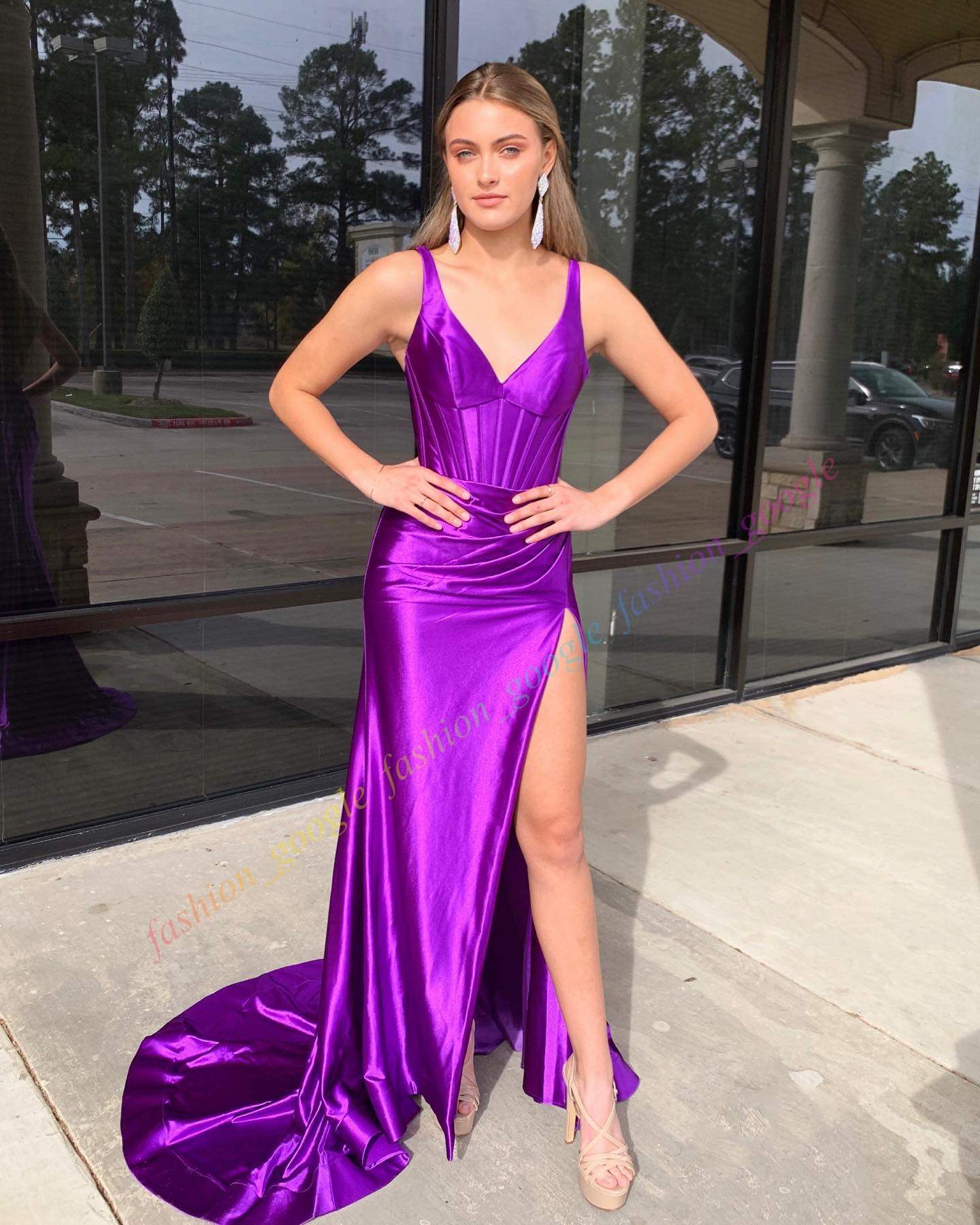 Stretch Satin Prom Dress 2k24 Purple Pageant Sorority Formal Evening Event Special Occasion Gala Cocktail Red Carpet Runway Gown Photoshoot Ruched Ski