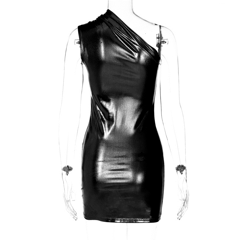 Hugcitar Pu Leather One Shoulder Sleeveless Draped Mini Prom Dress Summer Fall Women Elegant Y2K Evening Party Club Clothes 240115