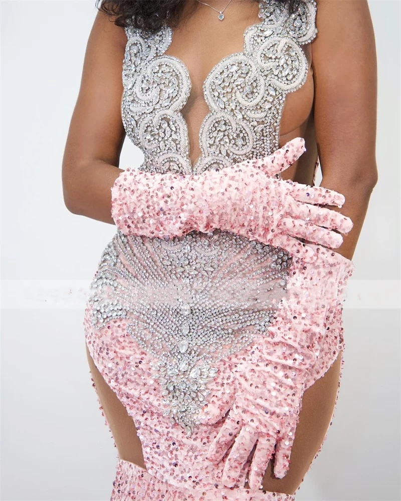 Pink Sequins Memraid Prom Gowns For Black Girls 2024 Sparkly With Goes Beaded Crystal Birthday Party Dresses Evening Dress 0431