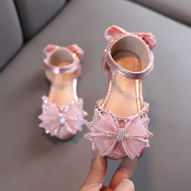 Sandals Summer Girls' Bow Knot Round Head Anti slip Rhinestone Princess Shoes Children's Ankle Protection Soft Sole Casual Leather Shoes