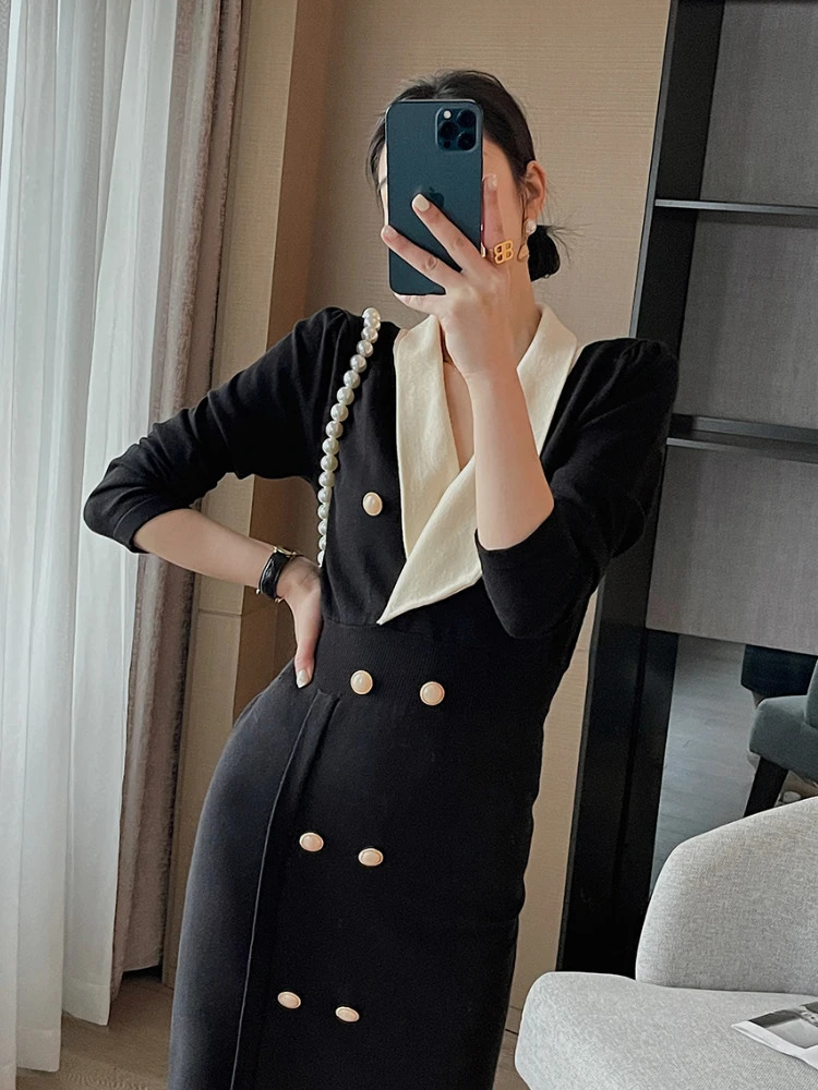 Vintage Korean Chic Streetwear Knitting Midi Long Dress Elegant Sleeve Vneck Casual Japanese Traf Dresse Y2K Autumn 240115