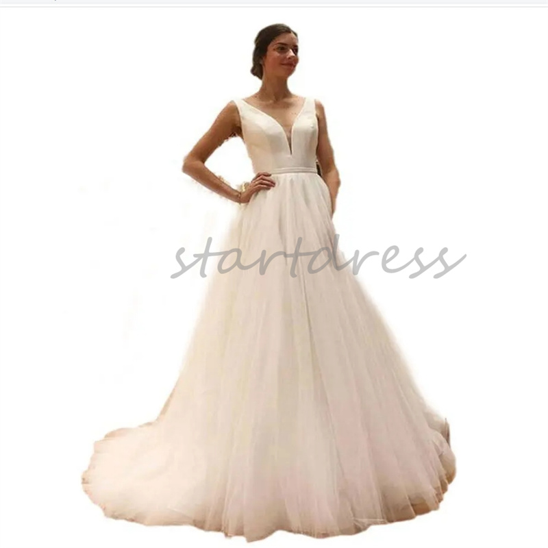 Simple Boho Wedding Dress 2024 White Sleeveless Tulle Country Bride Dress Elegant Sexy Backless Bohemian Bridal Gowns Civil Great Gatsby Robe De Marie