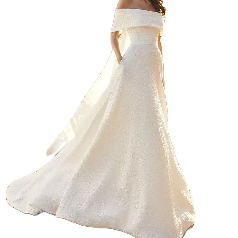 3D Pattern Wedding Dresses Off Shoulder Short Sleeve Bridal Gowns Sweep Train Backless Bride Dress
