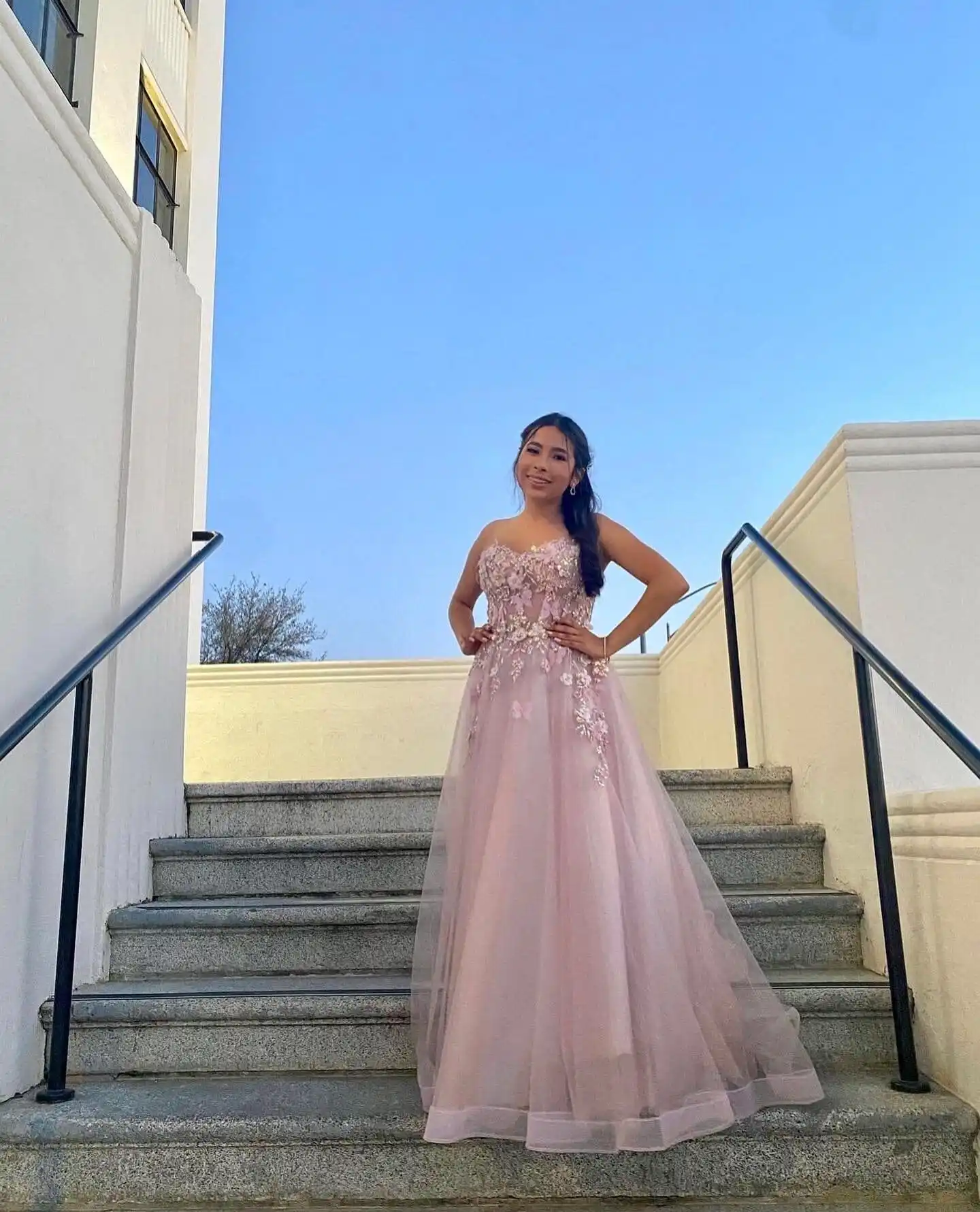 3D Floral Appliques Light Pink Long Prom Dresses A Line Off The Shoulder Tulle Special Occasion Gowns Detachable Short Sleeves Corset Open Back Sexy E