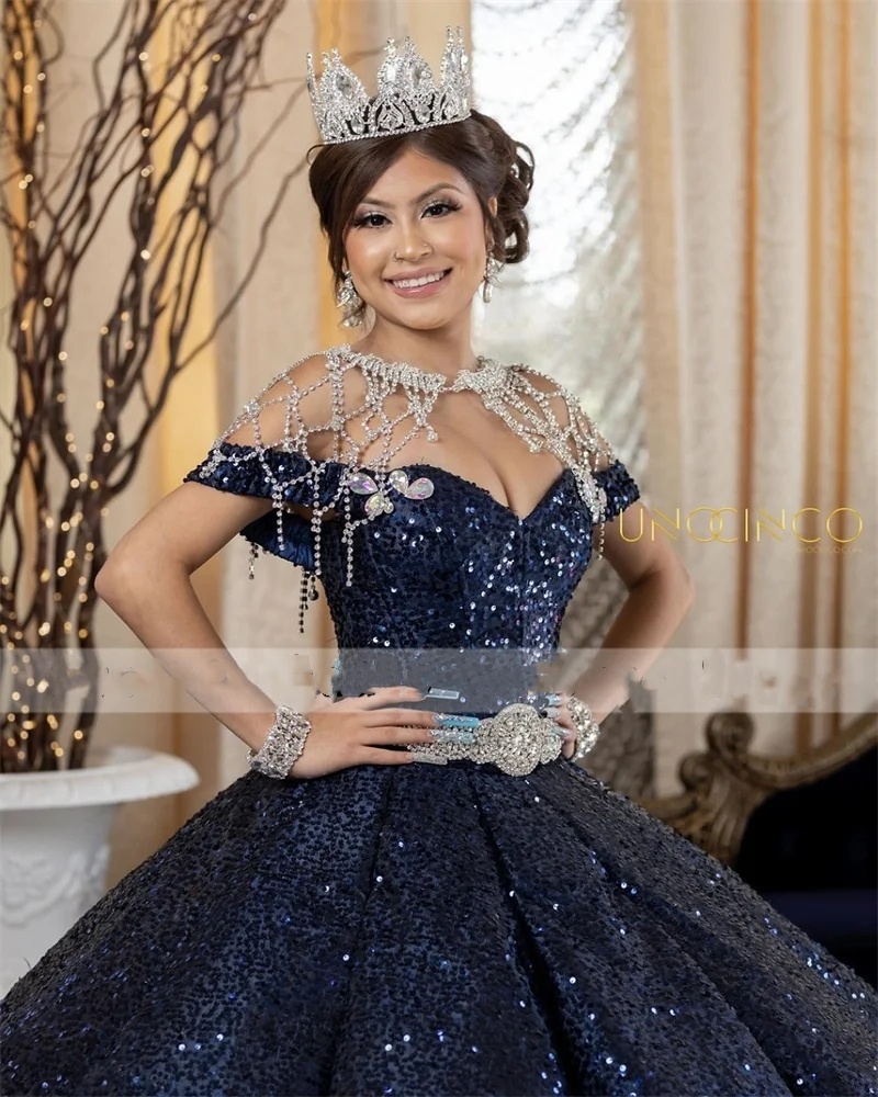 Sparkly Black Sequined Ball Gown Quinceanera Dresses 2024 Off Shoulder Lace Up Sweet 16 Dress Vestidos De 15 Anos 0431