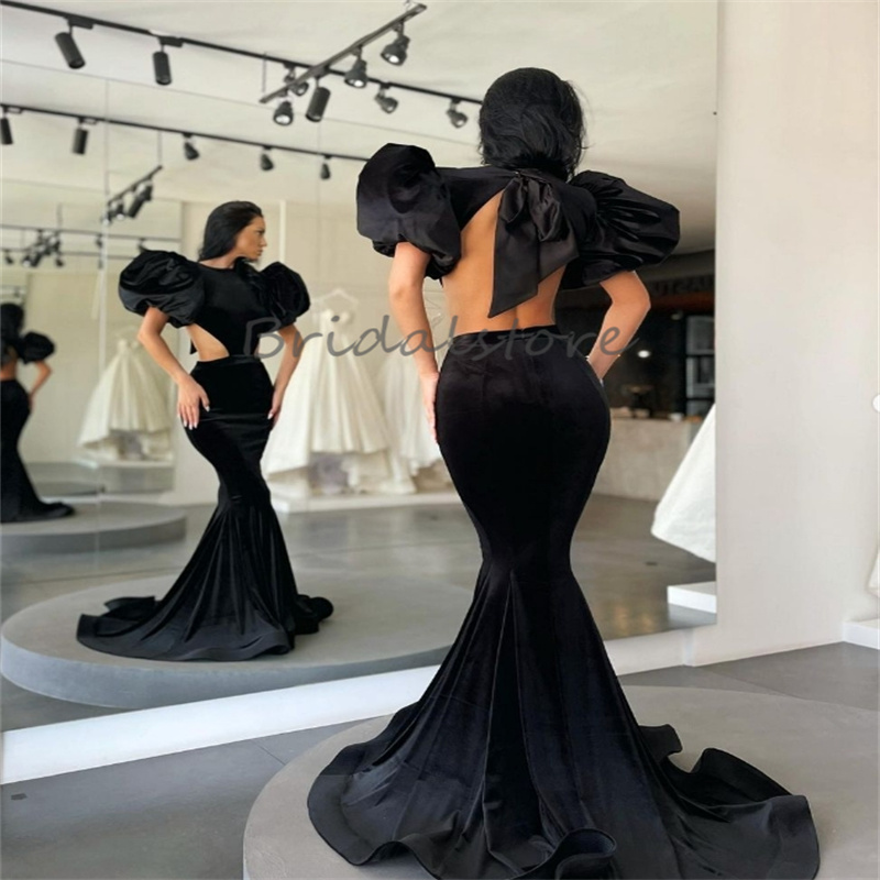 Vintage Black Velvet Prom Dress 2024 Sexy Mermaid Long Evening Dress Short Sleeves Backless Formal Dance Dress Elegant Cut Side Women Party Gowns Vest