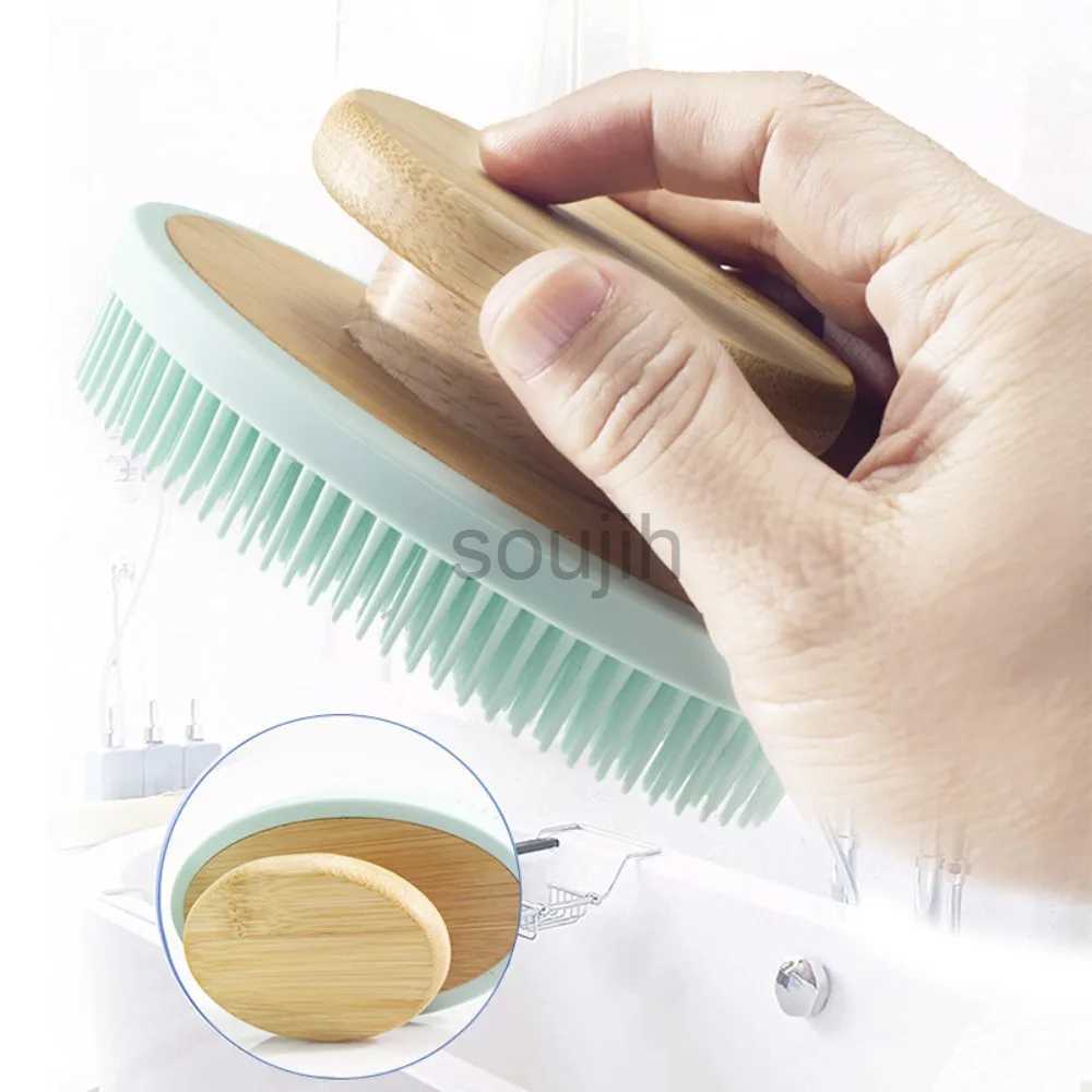 Bath Tools Accessories Soft Silicone Bath Brush Wooden Handle Exfoliating Brush Rub Back Brush Body Massage Cleansing Scrubber Brush Shower Bath Tools