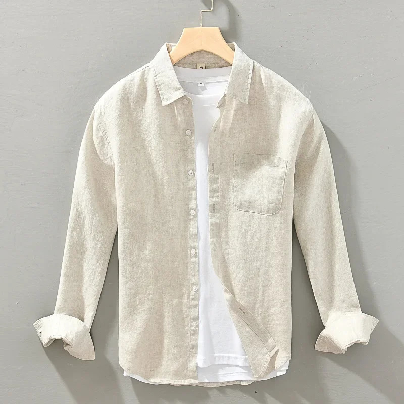 Men Clothing 2023 Summer Linen Shirt Long Sleeve Thin Casual Loose Large Size Highend Cargo White Coat 240115