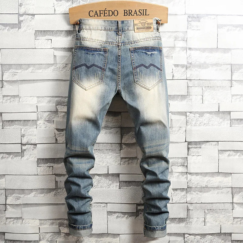 Distressed Ripped Jeans Men's Retro Blue Fashion Slim Motorcycle Trousers Male Hip-hop Street Male Hole Denim Pants 240115