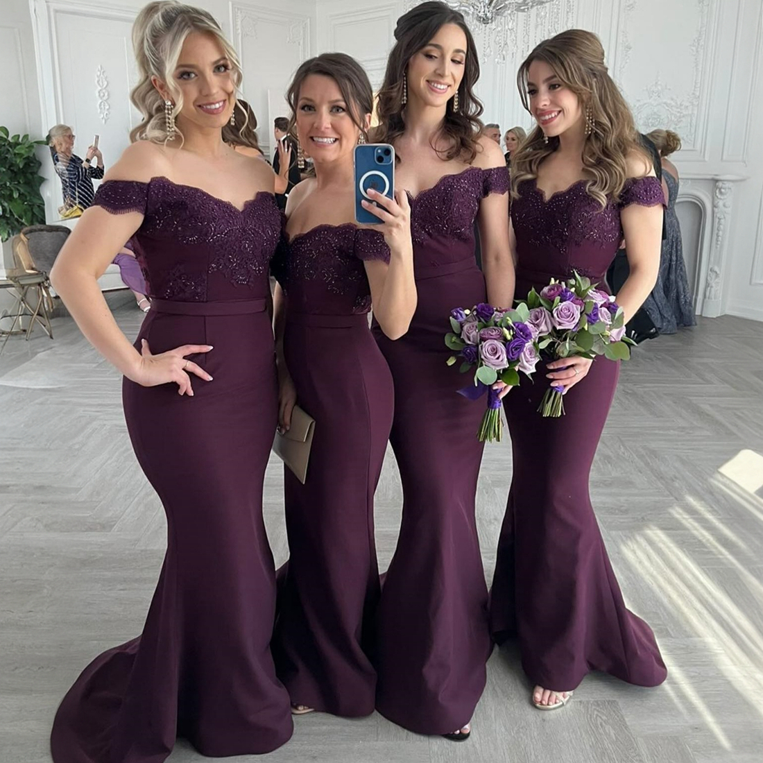 Grape Bridesmaid Dresses Mermaid Off Shoulder Appliqued Lace Beaded Sequins Maid Of Honor Dress Bride Gowns For Beautiful African Black Women Girls Ma